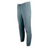 front view of men's blue jogger pants with adjustable cinch cord on the waist