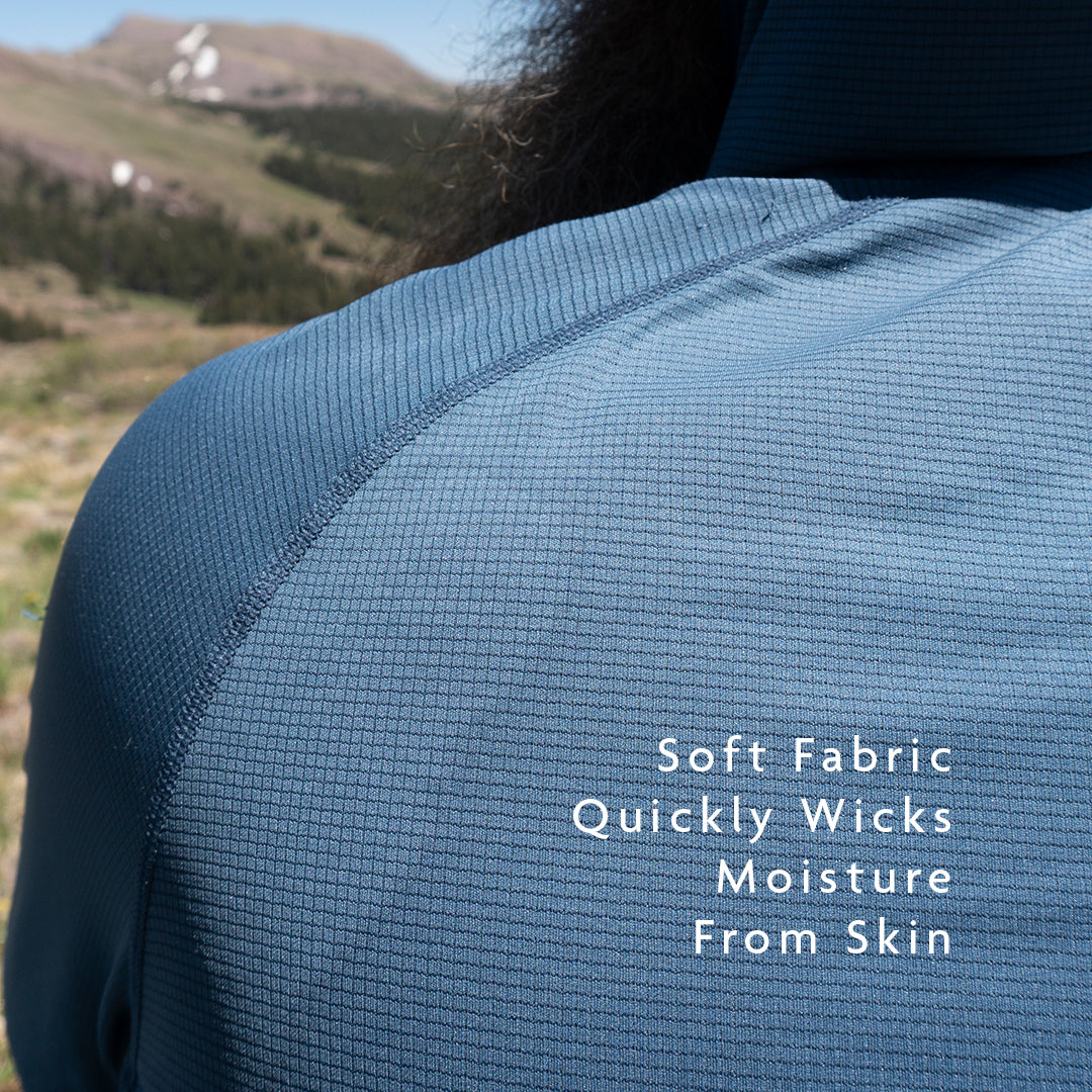 Blue - close view of sweat drying on a lightweight sun hoodie