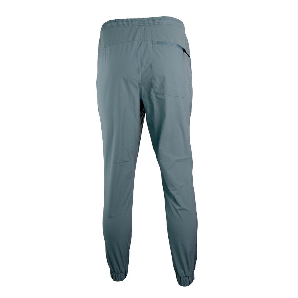 rear view of men's blue trail pants with elastic cuffs