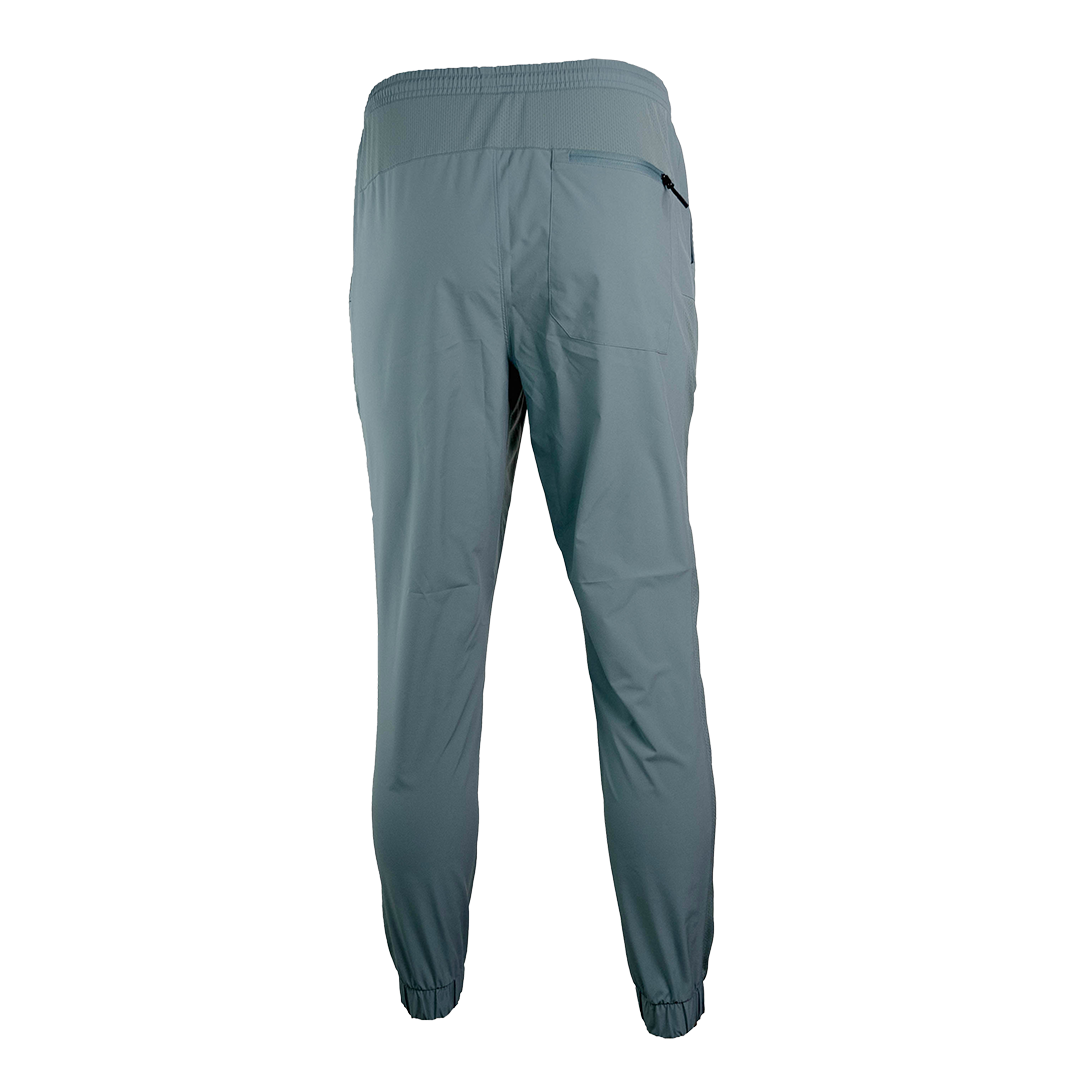rear view of men's blue trail pants with elastic cuffs