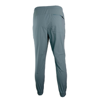 rear view of men's blue trail pants with elastic cuffs