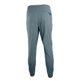 rear view of men's blue trail pants with elastic cuffs