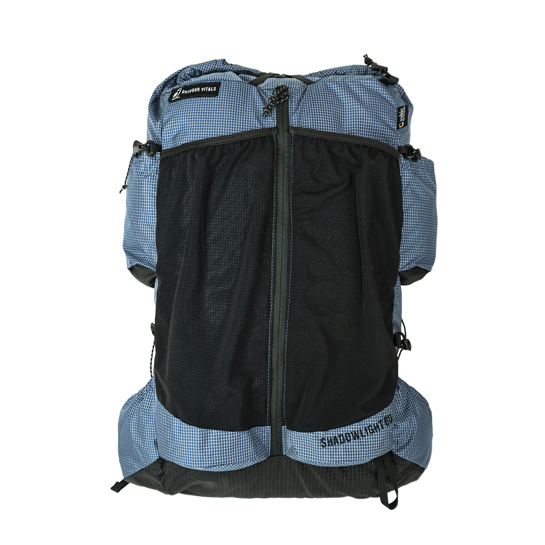 Close-up of the Shadowlight Ultralight Backpack in blue and black color scheme
