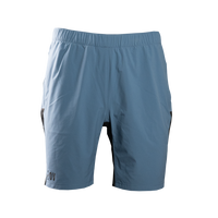 front view of blue trail shorts for hiking & running