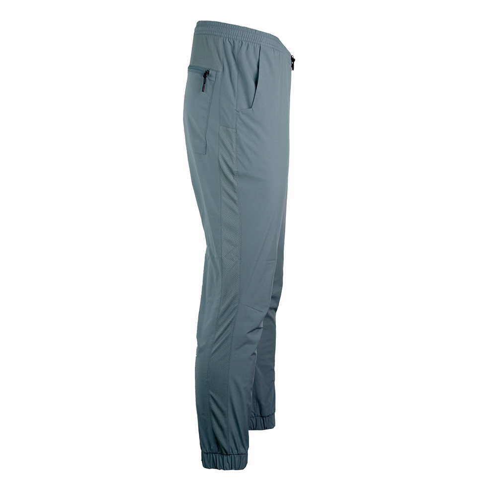 side view of men's blue hiking pants with full length side vent