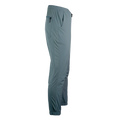 side view of men's blue hiking pants with full length side vent