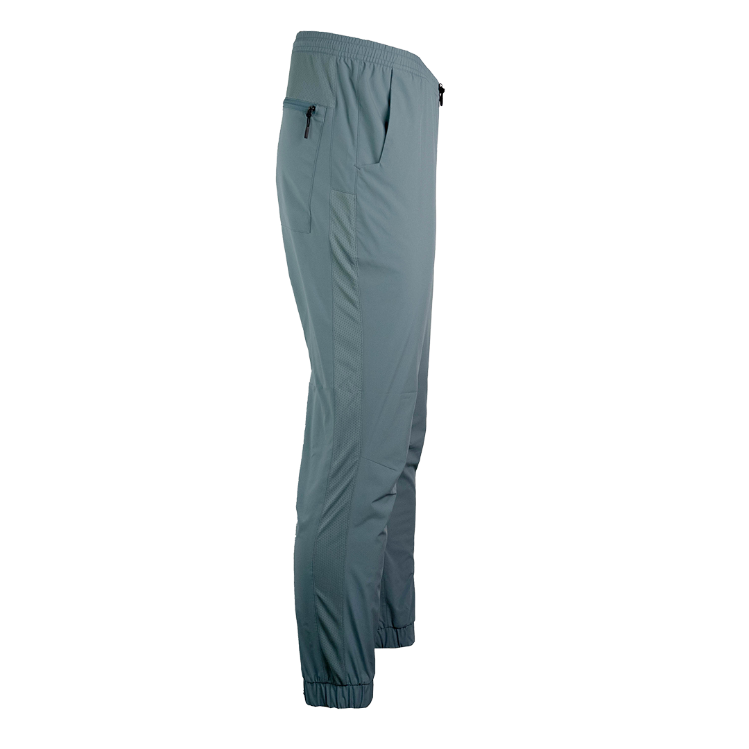 side view of men's blue hiking pants with full length side vent