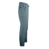 side view of men's blue hiking pants with full length side vent