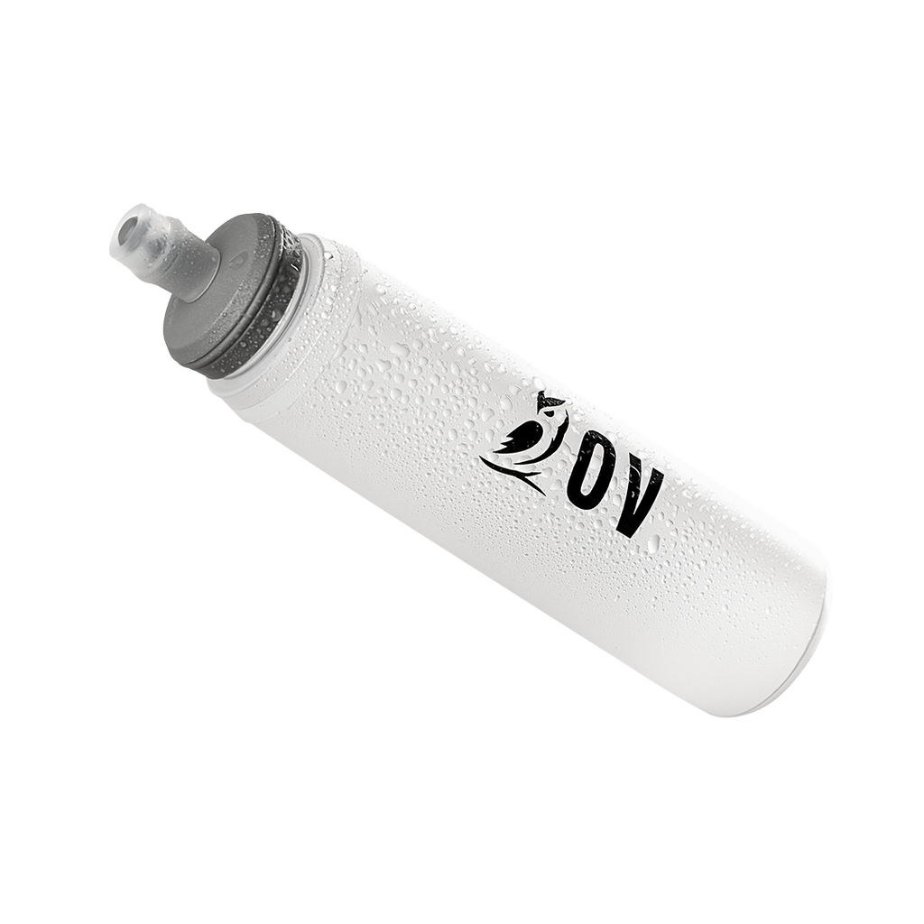 Angled product view of the Outdoor Vitals logo-branded soft flask with condensation droplets, high-lighting the screw cap and bite valve for the Skyline 30 Fastpack hydration system.