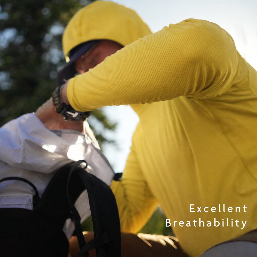 Yellow - hiker wearing breathable sun shirt adjusting gear in backpack
