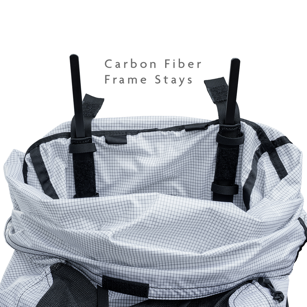Inside view of backpack showing integrated carbon fiber frame stays for load support.