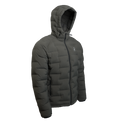 Outdoor Vitals Vantage Alpine Down Jacket in Chimera gray – angled front view with hood, ultralight backpacking puffy