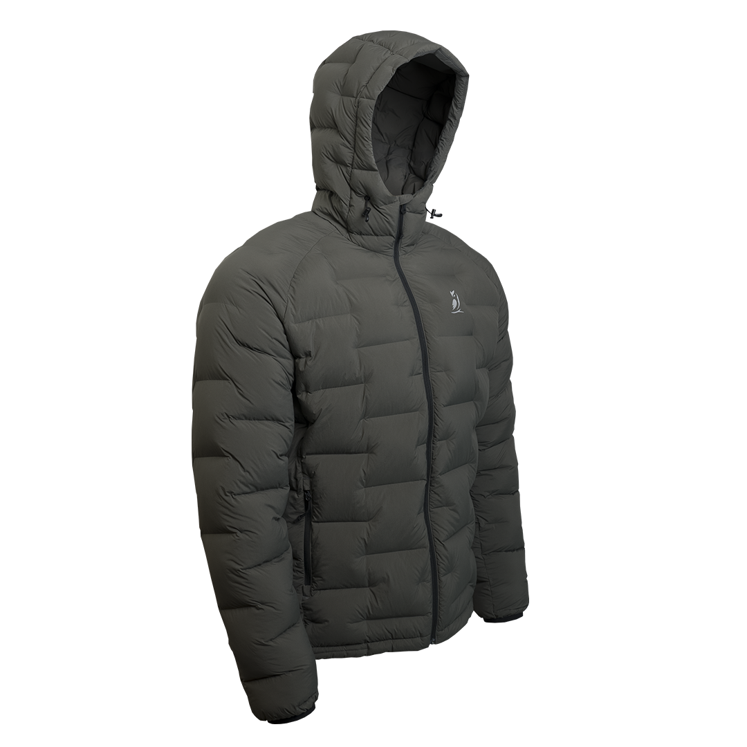 Outdoor Vitals Vantage Alpine Down Jacket in Chimera gray – angled front view with hood, ultralight backpacking puffy