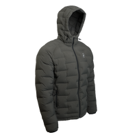 Outdoor Vitals Vantage Alpine Down Jacket in Chimera gray – angled front view with hood, ultralight backpacking puffy