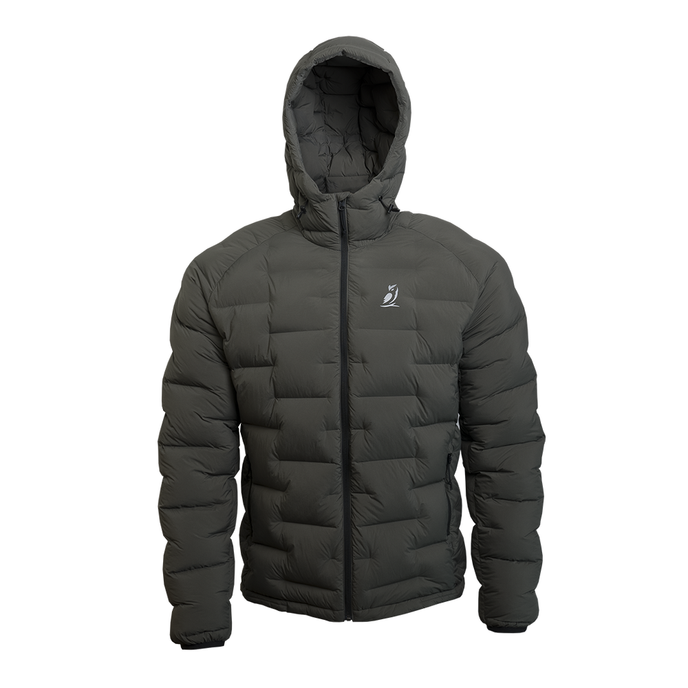 Outdoor Vitals Vantage Alpine Down Jacket in Chimera gray – straight front view with hood, alpine-ready ultralight insulation