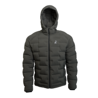 Outdoor Vitals Vantage Alpine Down Jacket in Chimera gray – straight front view with hood, alpine-ready ultralight insulation