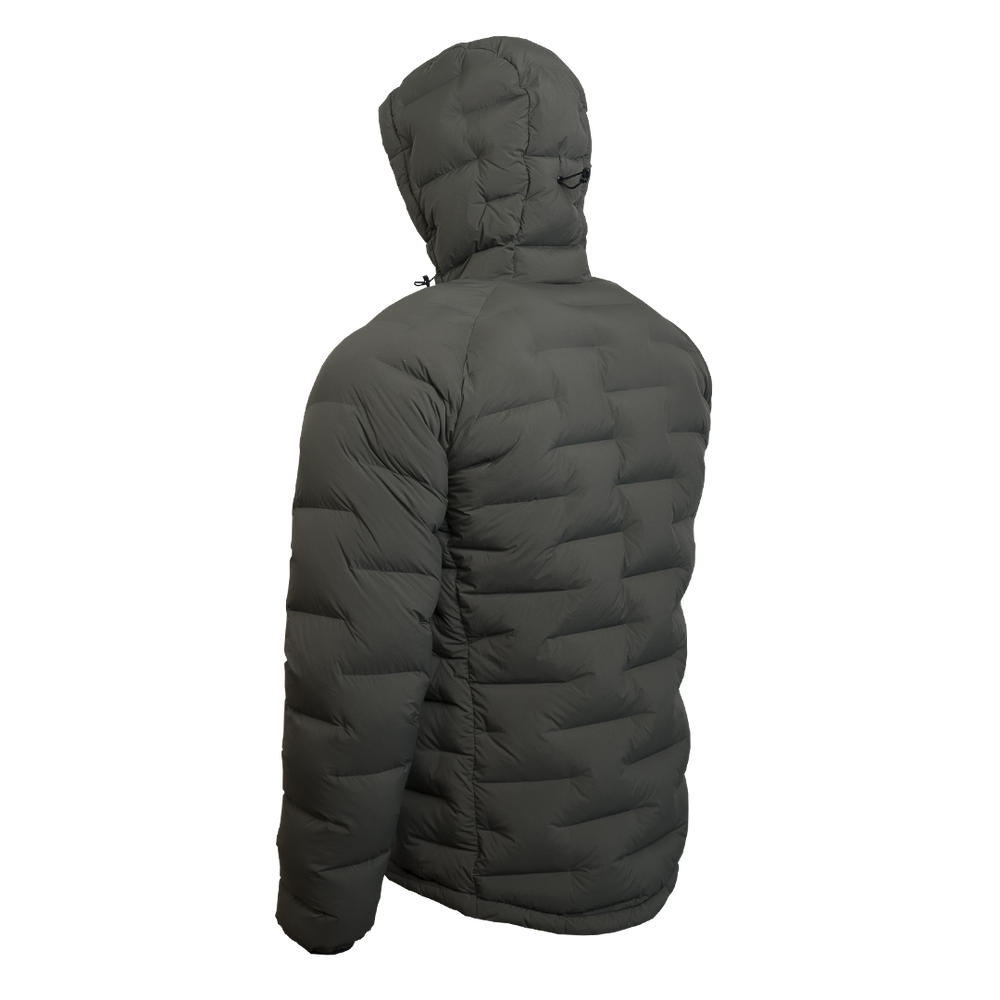Outdoor Vitals Vantage Alpine Down Jacket in Chimera gray – left angled side view highlighting zero stitch baffle structure