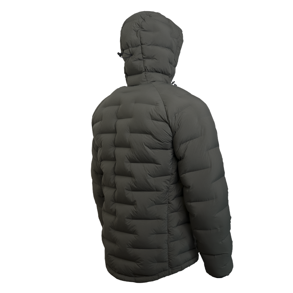 Outdoor Vitals Vantage Alpine Down Jacket in Chimera gray – right angled side view with hood and technical alpine design