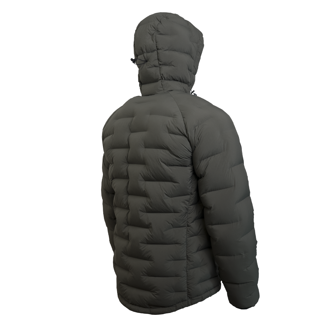 Outdoor Vitals Vantage Alpine Down Jacket in Chimera gray – right angled side view with hood and technical alpine design