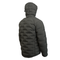 Outdoor Vitals Vantage Alpine Down Jacket in Chimera gray – right angled side view with hood and technical alpine design