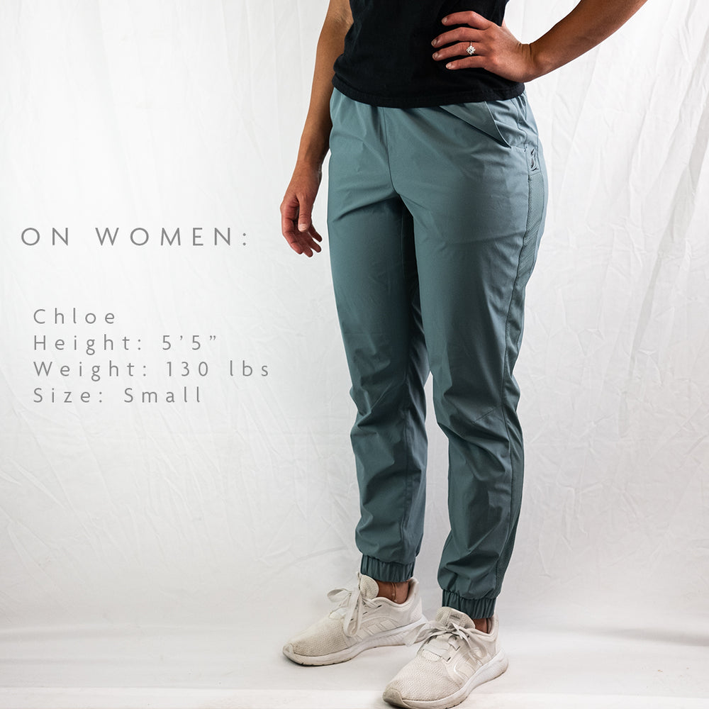 side view of men's jogger trail pants on woman