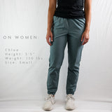 front view showing men's jogger fit on woman