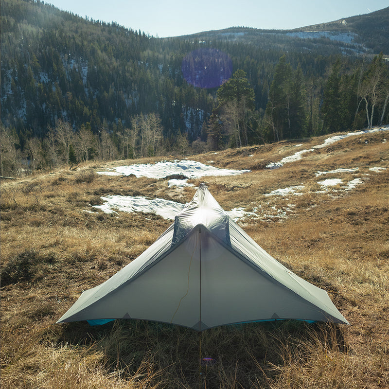 Rear view of ultralight trekking pole backpacking tent in backcountry meadow