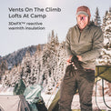 A man in winter outdoor gear stands in a snowy mountain campsite setting, holding black gloves. Text on the left reads 'Vents On The Climb Lofts At Camp' and '3DeFX™ reactive warmth insulation.