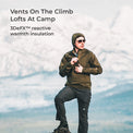 A man wearing a dark olive green hooded jacket and black pants stands outdoors against a snowy mountain background, with text on the left reading 'Vents On The Climb Lofts At Camp' and '3DeFX™ reactive warmth insulation'.