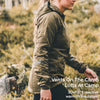 A woman wearing an olive green technical outdoor jacket is shown in profile walking through a grassy, rocky outdoor environment. White text overlay on the bottom right reads 'Vents On The Climb Lofts At Camp 3DeFX™ reactive warmth insulation'.