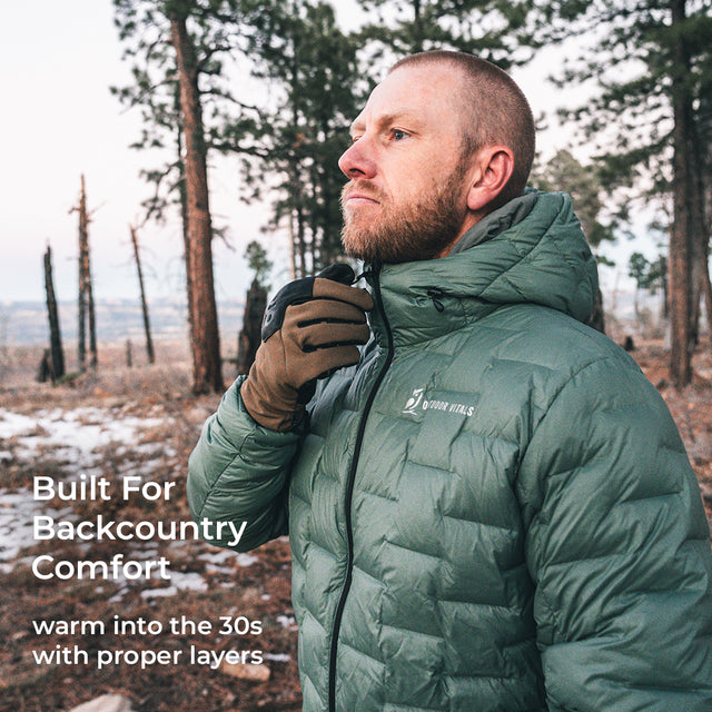 A man wearing an olive green puffer jacket and brown gloves stands in a forest, looking off-camera. White text on the left reads 'Built For Backcountry Comfort' and 'warm into the 30s with proper layers.