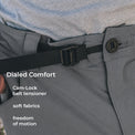 close view of adjustable cam-lock belt tensioner on lightweight pants built for rugged mountain use