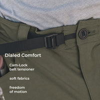close view of camlock belt tensioner on green backpacking pants
