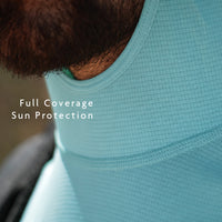 Turquoise - close view of high neck on altitude sun hoodie