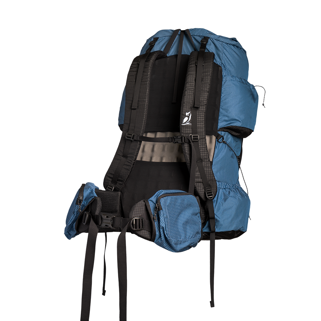 Detailed view of the Shadowlight Ultralight Backpack's blue fabric and adjustable straps