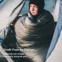 blue 0 degree quilt wrapped around woman inside tent