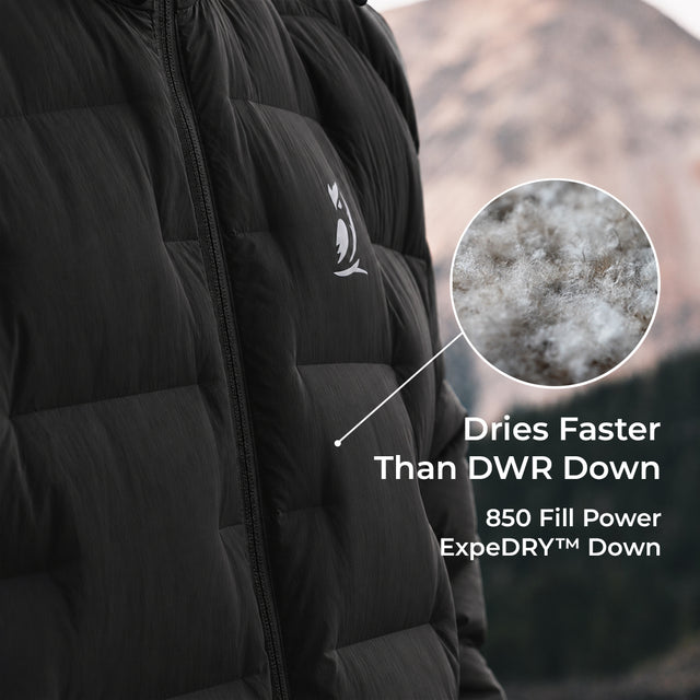 close view of black puffy down jacket baffles with a popout view of 850 fill power ExpeDRY down insulation