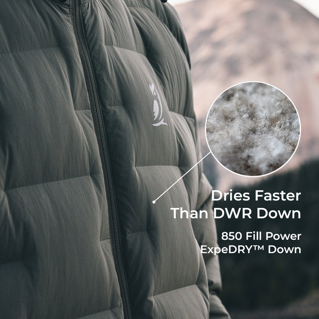 close view of puffy down jacket baffles with a popout view of 850 fill power ExpeDRY down insulation