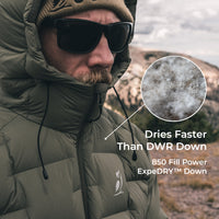 close view of puffy down jacket  with popout showing 850 fill power ExpeDRY insulation
