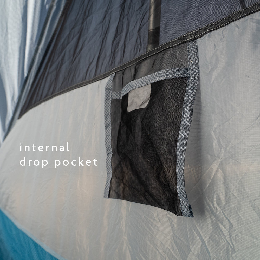 Ultralight trekking pole tent interior drop pocket for gear storage