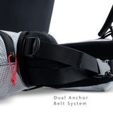 Close-up of backpack hip belt showing dual anchor belt system for improved load transfer.