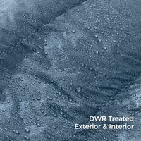 Close-up of a dark blue-gray DWR treated fabric covered with water droplets, with white text in the lower right reading 'DWR Treated Exterior & Interior'.