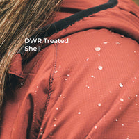 Close-up of a terracotta-colored waterproof jacket with water droplets on the surface, featuring a black collar trim and white text overlay that reads 'DWR Treated Shell'.