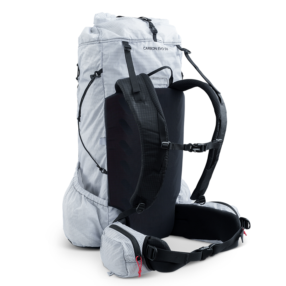 Angled rear view of ultralight backpack showing suspension system, shoulder straps, and hip belt.