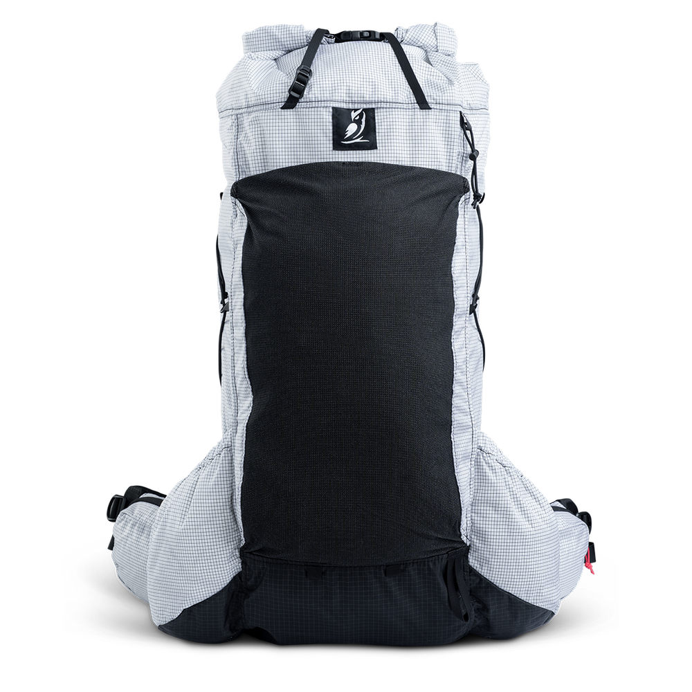 Front view of ultralight backpack with large stretch front pocket and roll-top closure.