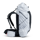 Left side view of ultralight backpack showing compression cords and side storage pocket.