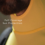 Close-up of a person wearing a yellow sun hoodie showing high collar for neck protection