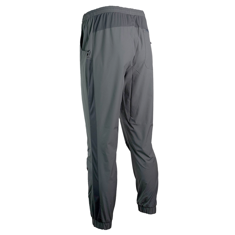 rear view of men's gray joggers & full length side ventilation