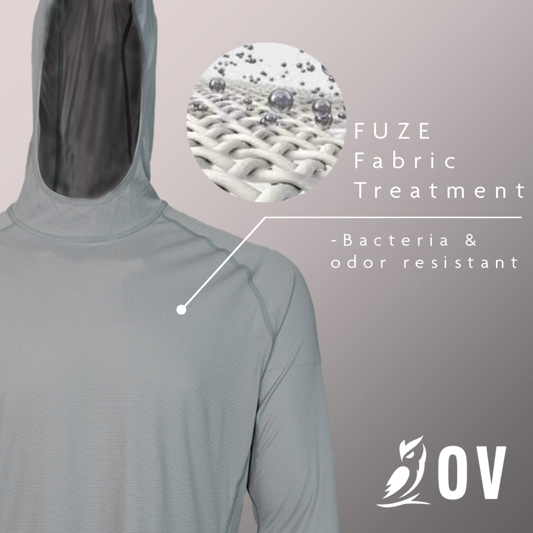 Gray sun hoodie graphic showing FUZE antibacterial treatment