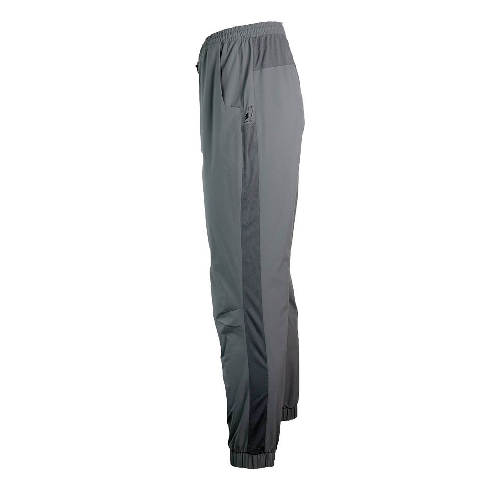 side view of men's gray trail joggers with full length side vent